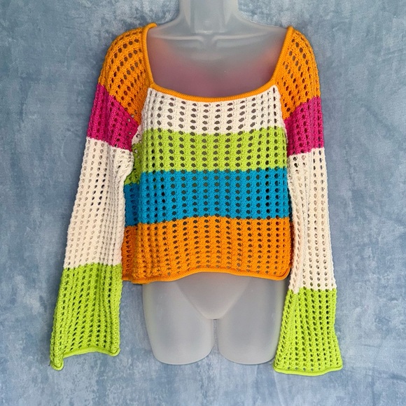 NWOT Wild Fable open crochet neon square neck pullover sweater, flared sleeves - Picture 1 of 5